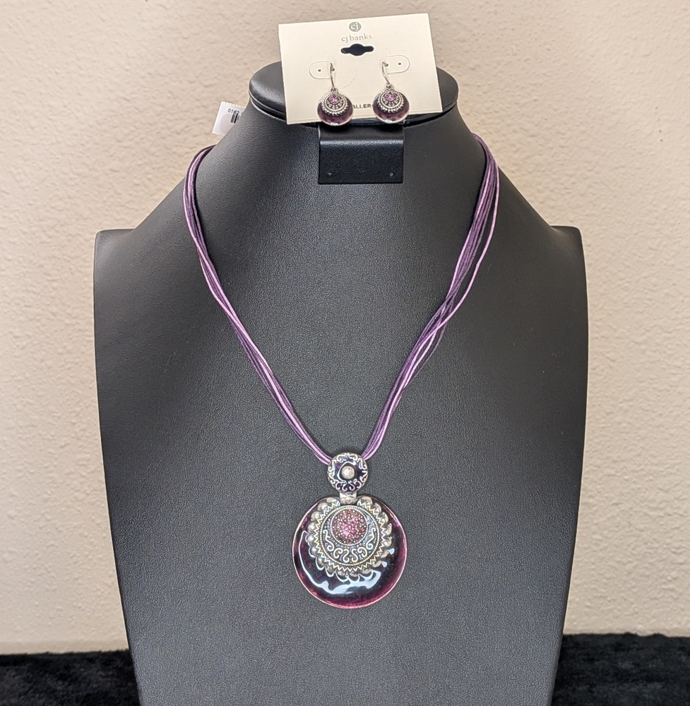 CJ Banks Purple Enamel Pendant Necklace & Dangle Earring Set - Contemporary NWT